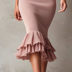 Quiet Luxury Dusty Rose Halter Knit Dress With Keyhole & Ruffled Hem