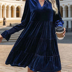 A-Line Long Sleeves Pleated Solid Color Velvet V-Neck Mini Dresses