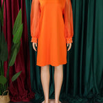 Puff Sleeves Beads Mesh Solid Color Split-Joint Round-neck Midi Dresses