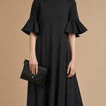 A-Line Flared Sleeves Pleated Solid Color Mock Neck Maxi Dresses