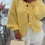 Stylish Solid Color Crew Neck Lace-up Sweater