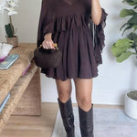 High Neck Sheer Ruffle Trim Cape Mini Dress