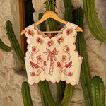 Sunny Day Linen Blend Contrast Embroidered Print Scallop Trim Lace-up Top