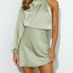 High Waisted Long Sleeves Asymmetric Elasticity Solid Color High Neck Mini Dresses