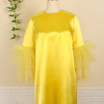 Half Sleeves Loose Shiny Solid Color Split-Joint Tulle Round-Neck Mini Dresses