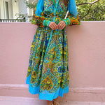 High Waisted Loose Puff Sleeves Belted Floral Printed Lapel Midi Dresses