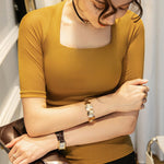 Simple Solid Color Square-Neck Half Sleeves Shirt