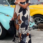 Loose Short Sleeves Flower Print Split-Joint Off-The-Shoulder Maxi Dresses