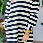 Casual Stripe Pocket Patchwork Contrast Turndown Collar Long Sleeve Dresses