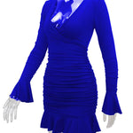 Bodycon Elasticated Waist Pleated Ruffled Solid Color Split-Joint V-Neck Midi Dresses