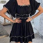 A-line High Waisted Elasticity Pleated Ruffle Trim Solid Color Square-neck Mini Dresses