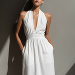 Women's Minimalist Cotton And Linen Blend Halter Neck V-neck Backless Midi Dress
