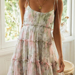 A-Line Loose Flower Print Layered Pleated Split-Joint Tied Spaghetti-Neck Mini Dresses