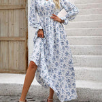Long Sleeves Loose Elasticity Floral Printed V-Neck Maxi Dresses