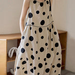 Loose Sleeveless Contrast Color Pleated Polka-Dot Split-Joint Tied Waist Round-Neck Midi Dresses