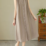 A-Line Sleeveless Buttoned Pleated Solid Color Round-Neck Midi Dresses