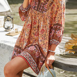 A-Line Loose Contrast Color Flower Print Pleated V-Neck Mini Dresses