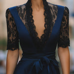 Elegant Lace-Trim V-Neck Belted Midi Dress