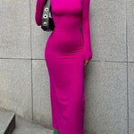 Bodycon Long Sleeves Solid Color Split-Joint Round-Neck Maxi Dresses