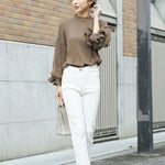 Simple Solid Color Puff Sleeve Mesh Splicing Chiffon Shirt