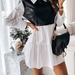 Long Sleeves Loose Contrast Color Pleated Split-Joint Lapel Mini Dresses
