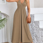 A-Line Loose Pleated Solid Color Split-Joint Deep V-Neck Maxi Dresses