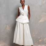 Women's Elegant White Cotton-linen Blend V-neck Sleeveless Top And Skirt Set