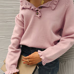 Long Sleeve Button Down Ruffle Knit Pullover Sweater Tops