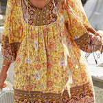 A-Line Loose Contrast Color Flower Print Pleated V-Neck Mini Dresses