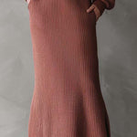 Ribbed Knit Maxi Dress With Deep V Collar And Leather Belt