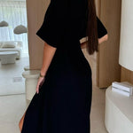 Linen Blend Solid Color V-neck Short Sleeve Waist Loose Slit Midi Dress