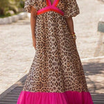 Bright Pink V-neck Leopard Print Colorblock Maxi Dress