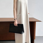 High Waisted Loose Pockets Solid Color Split-Back Zipper Round-Neck Midi Dresses