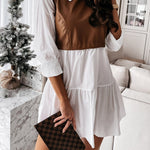 Long Sleeves Loose Contrast Color Pleated Split-Joint Lapel Mini Dresses