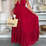 Bohemian Style V-neck Backless Slip Layered Vacation Maxi Dress