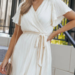 White Flutter Sleeve Wrapped Pleated Sashed Short Dress