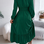 A-Line Elasticated Waist Pleated Solid Color Round-Neck Maxi Dresses