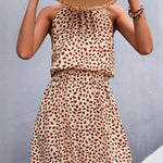 A-Line High Waisted Elasticity Leaves Print Pleated Halter-Neck Mini Dresses