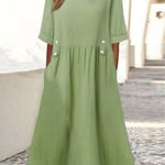 A-Line Loose Buttoned Pleated Pockets Round-Neck Midi Dresses