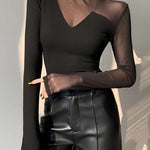 Long Sleeves Skinny Asymmetric Solid Color Split-Joint High Neck T-Shirts Tops