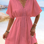 Batwing Sleeves Loose Elasticity See-Through Split-Joint V-Neck Mini Dresses