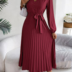 High Waisted Long Sleeves Belted Buttoned Pleated Solid Color V-Neck Maxi Dresses