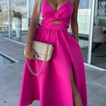 Deep V hollow large skirt slit suspender dress