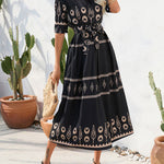 A-Line Half Sleeves Buttoned Tied Waist Lapel Midi Dresses