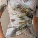 Print Ruched V-Neck Short-Sleeves Fitted Top