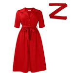 A-Line Loose Pleated Pockets Solid Color Tied Waist Notched Collar Midi Dresses