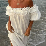 Linen Blend Off Shoulder Ruffle Puff Sleeve Pocketed Midi Dress