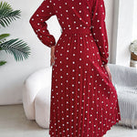 High Waisted Long Sleeves Pleated Polka Dot Tied Waist V-Neck Maxi Dresses Shirt Dress