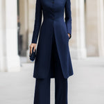 Navy Mandarin Collar Longline Blazer & Wide-Leg Pants Co-Ord Set
