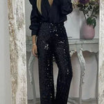 Glitzy Glamour Sequin High Rise Elastic Waist Wide Leg Pants